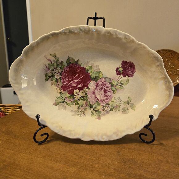 Homer Laughlin Other - Antq Vtg HOMER LAUGHLIN Hudson Platter Painted Floral Gold Scalloped Edge 12 X 9